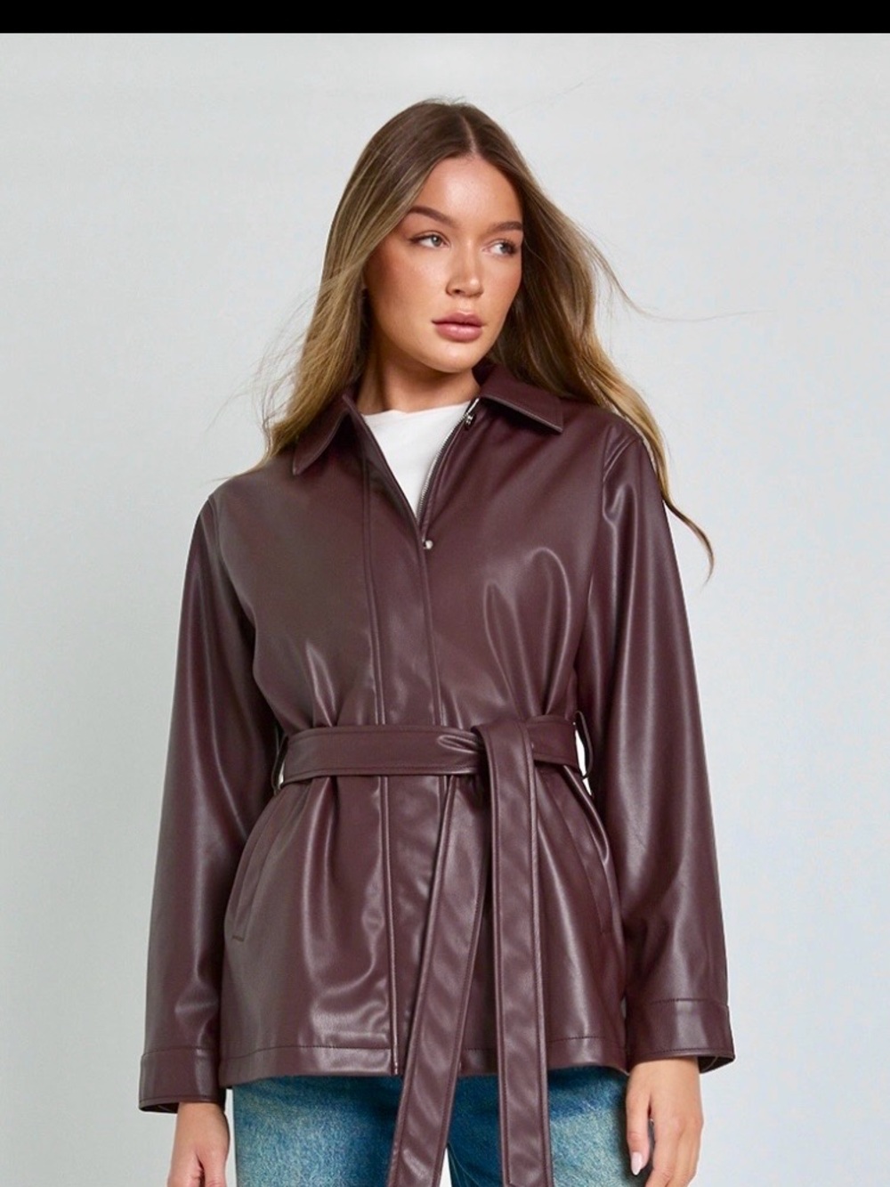 Boohoo Belted Faux Leather Jacket - Chocolate Brown